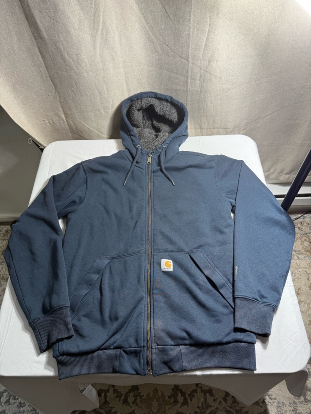 Navy Blue Carhartt Sherpa Lined Zip Up Hoodie Size Small Distressed See Pictures